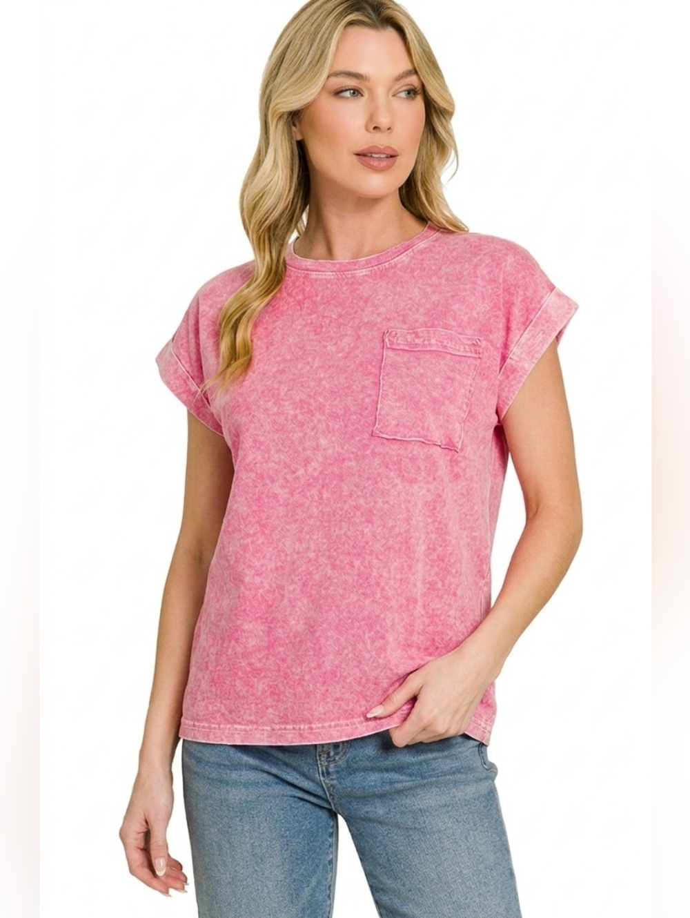 Zenana Halo Snow Washed Cuffed Short Sleeve Tee - Picture 2 of 5